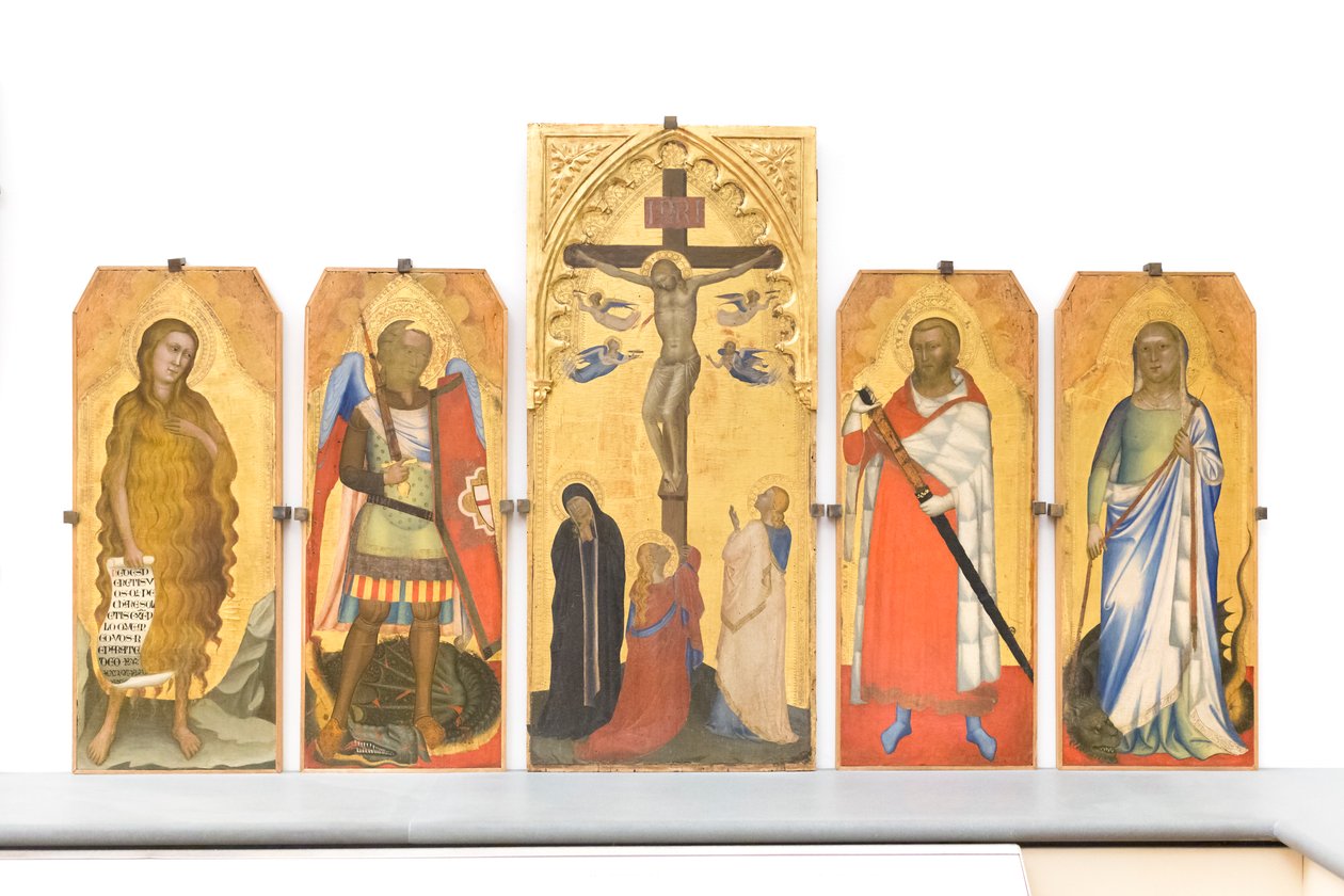 Korsfästelse med sörjande och Maria Magdalena vid korsets fot av Bernardo & Simone Puccio di (fl.1345 65) Daddi