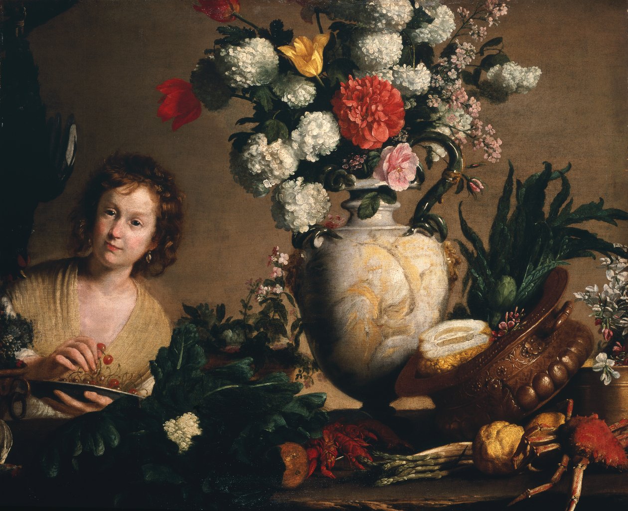 Ett stilleben av blommor, frukt, grönsaker och skaldjur på en avsats med en figur som håller en tallrik körsbär (olja på duk) av Bernardo Strozzi