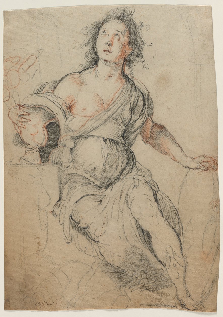 Allegorisk figur, ca 1635 (svart krita med röd krita ) av Bernardo Strozzi