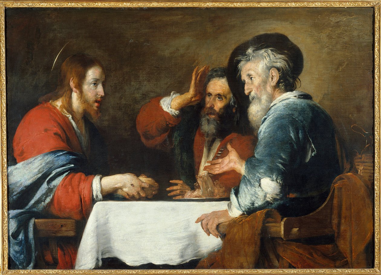 Kristus har Emmaus Kristus visar sig för pilgrimerna som sitter vid ett bord på ett värdshus i Emmaus. Målning av Bernardo Strozzi (1581-1644) 1640 sön. 1,24x1,72 m Grenoble, Musee des Beaux Arts av Bernardo Strozzi