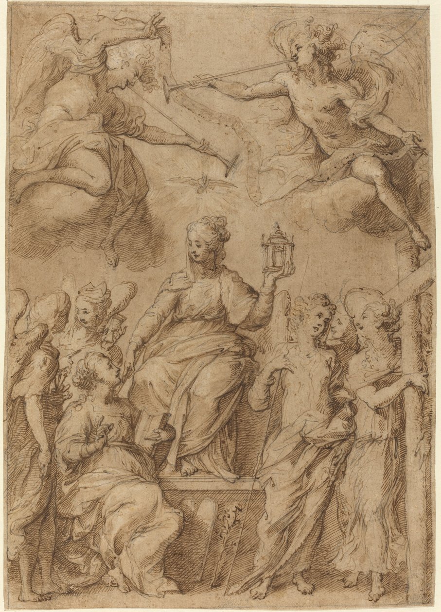 Ecclesia omgiven av änglar som håller i passionens instrument av Bernardo Strozzi