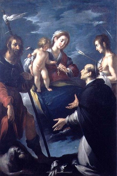 Madonna av Rosenkransen med St. Roch, St. Dominic och St. Sebastian av Bernardo Strozzi