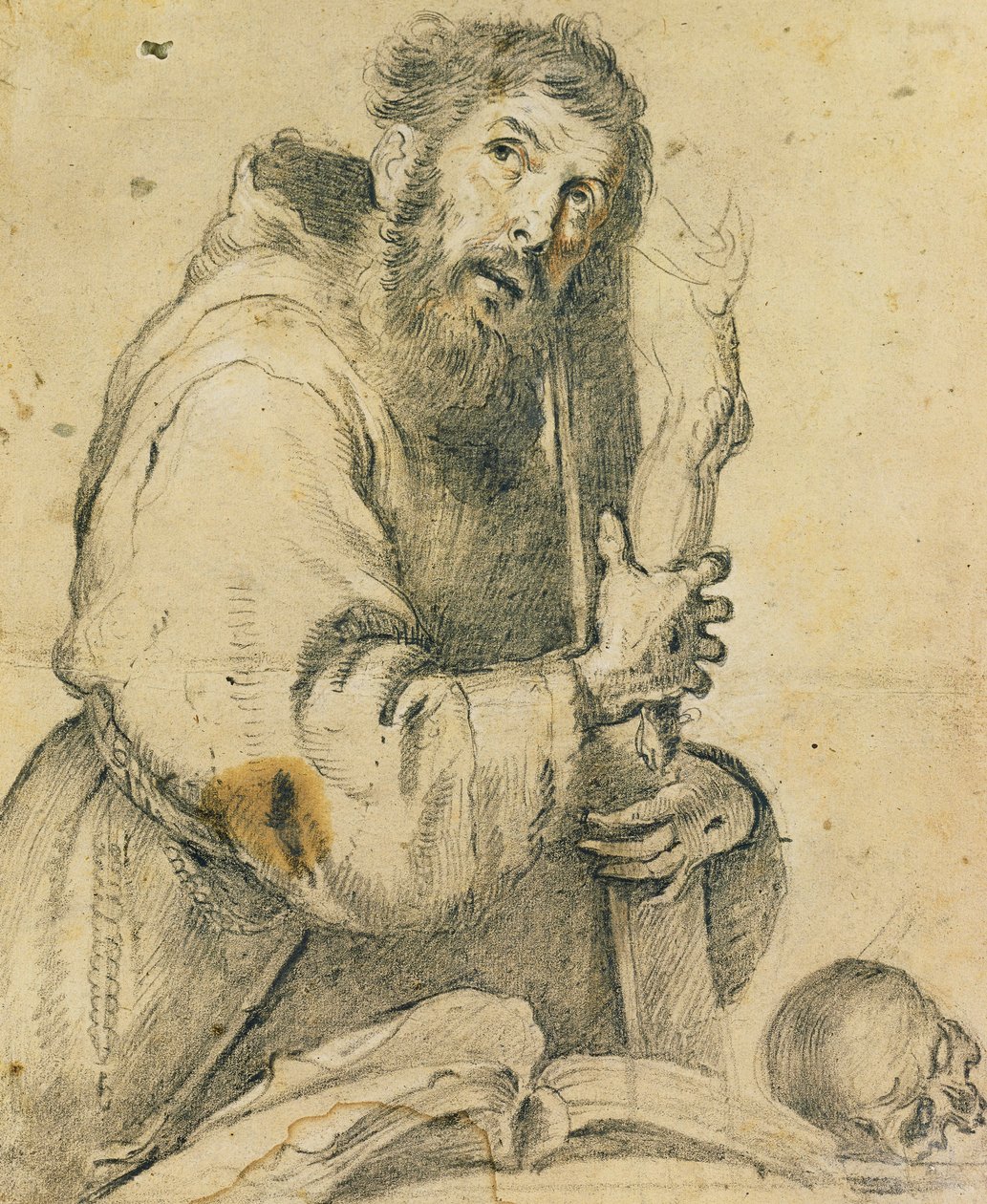 Saint Francis som håller ett krucifix i famnen; Saint Francis håller ett kors i famnen, av Bernardo Strozzi