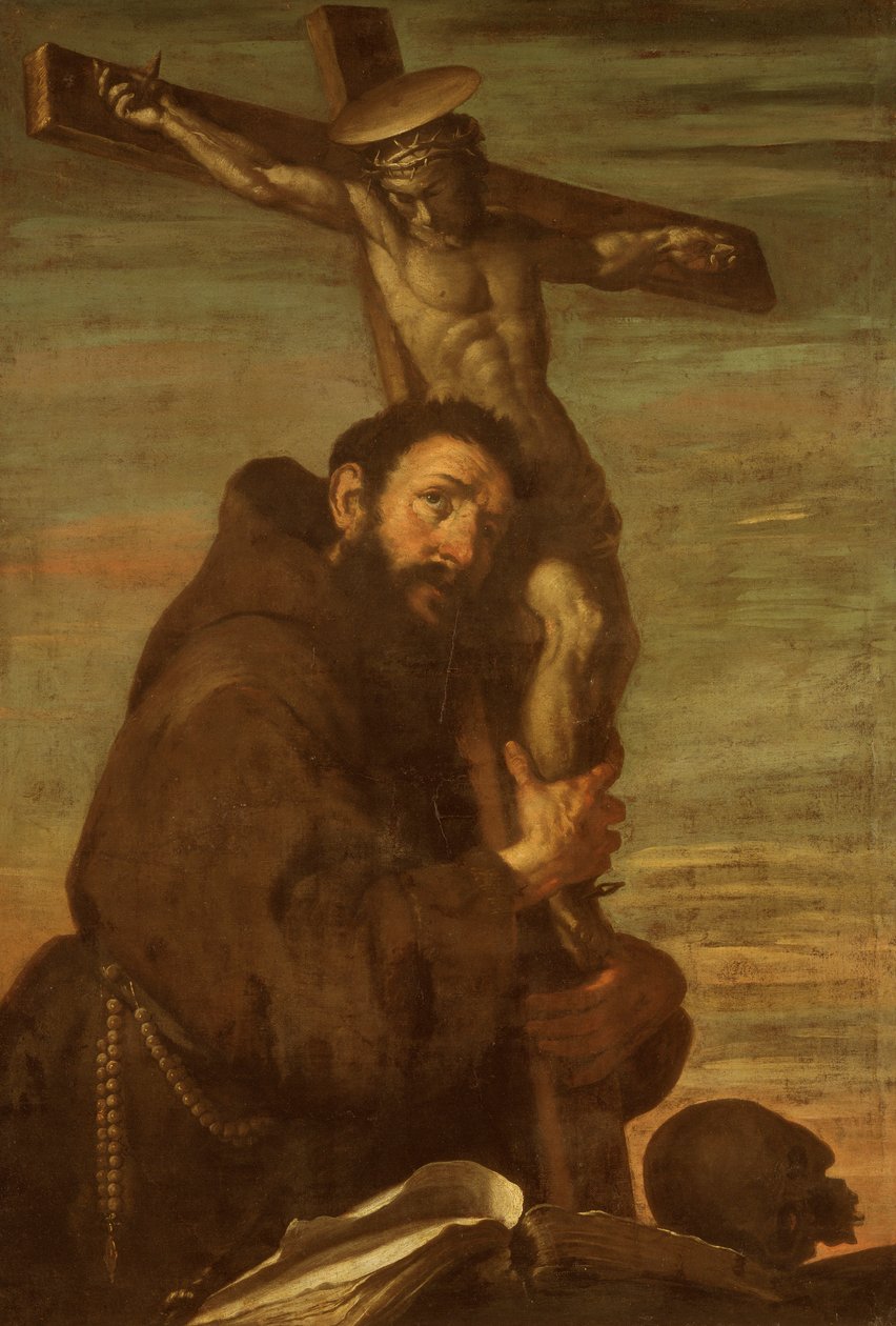 St Francis av Assisi omfamnar ett krucifix, c1600-1640. av Bernardo Strozzi