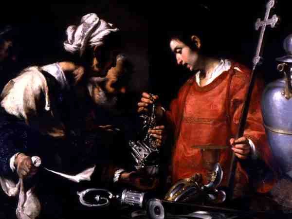 Sankt Lawrence delar ut sin rikedom till de fattiga (olja på duk) av Bernardo Strozzi