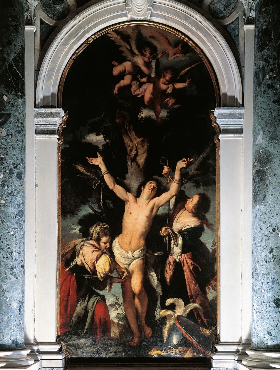 St Sebastian Cured by the Holy Women, av Bernardo Strozzi, olja på duk av Bernardo Strozzi