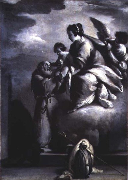 Jungfrun räcker fram Kristusbarnet till den välsignade Felix av Cantalice av Bernardo Strozzi