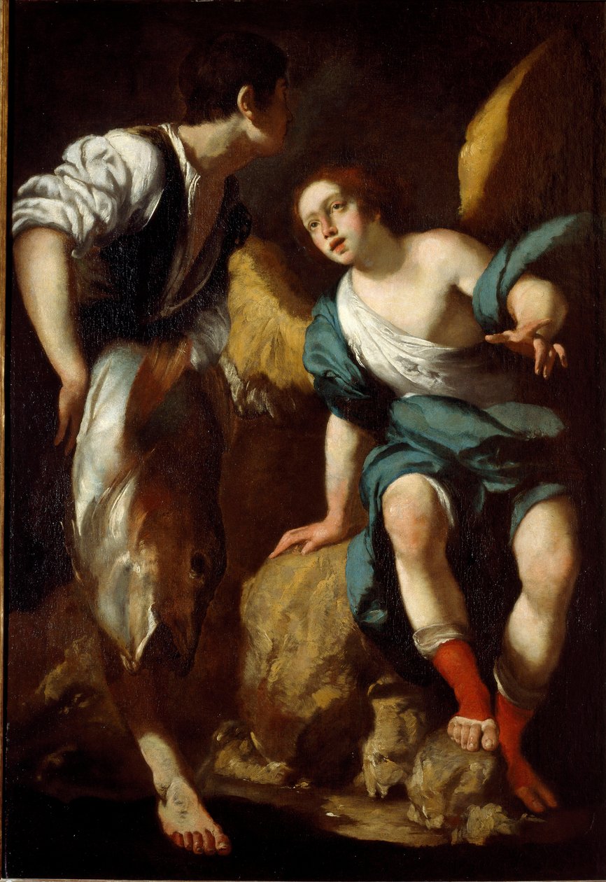 Den unge Tobie och ärkeängeln Rafael (Tobie och ängeln) Målning av Bernardo Strozzi (1581-1644) 1600-talsgener, privat samling av Bernardo Strozzi