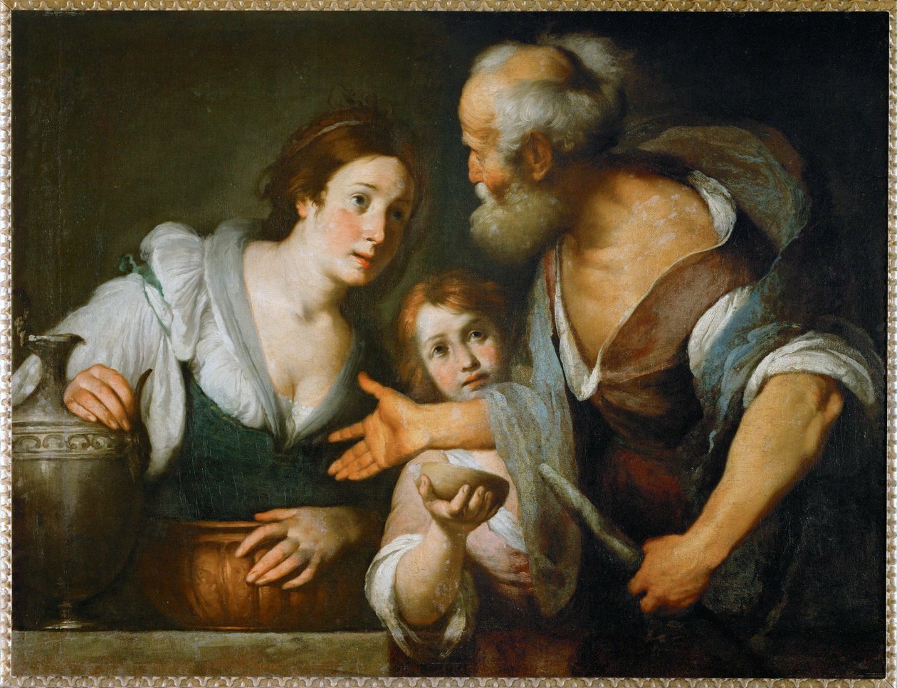 Profeten Elisha och änkan från Sarepta ... (olja på duk) av Bernardo Strozzi