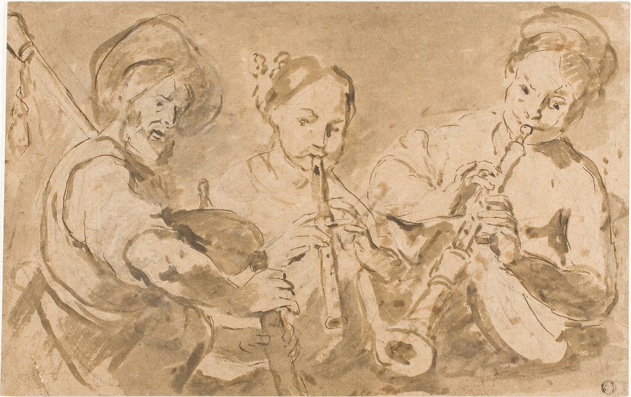Tre musiker spelar horn och pipa av Bernardo Strozzi
