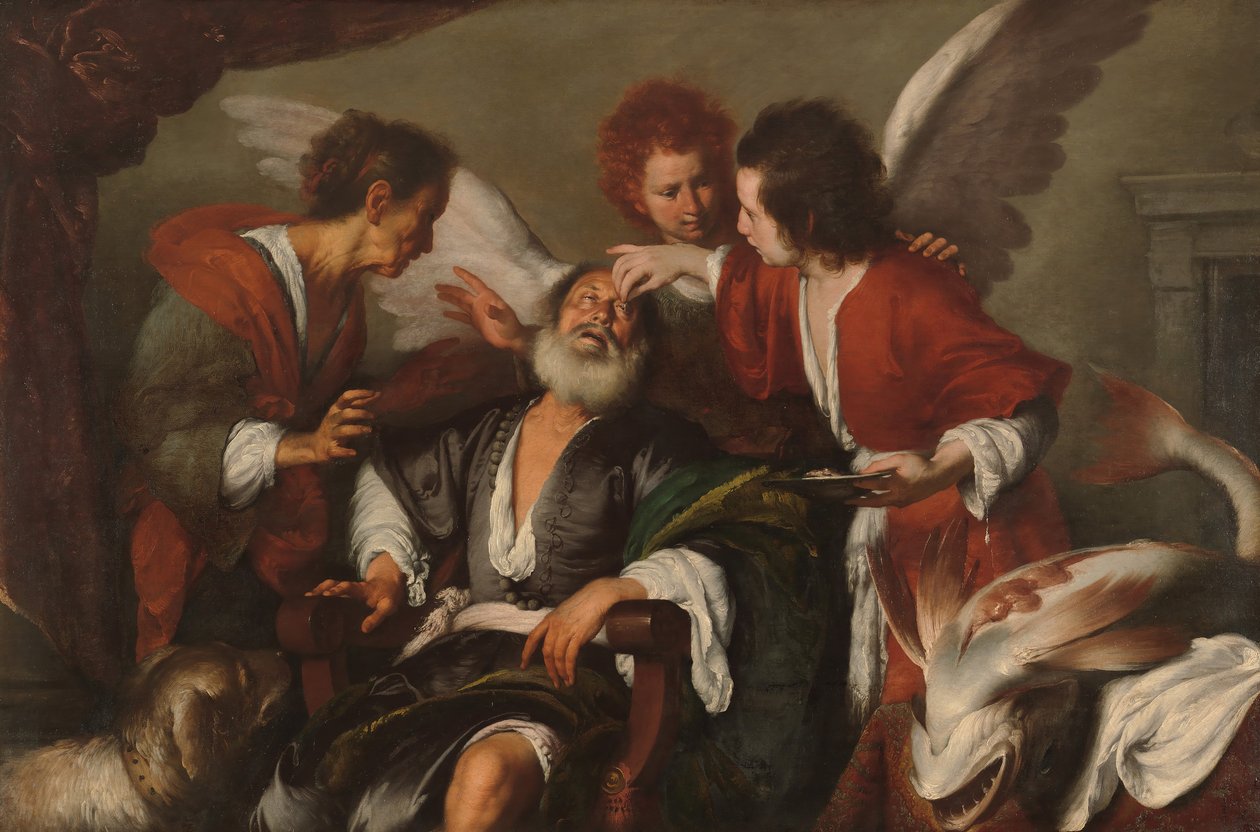 Tobias botar sina fäders blindhet, 1630-35. av Bernardo Strozzi