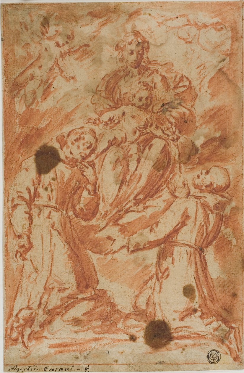 Jungfru och barn i ära dyrkas av två munkhelgon av Bernardo Strozzi