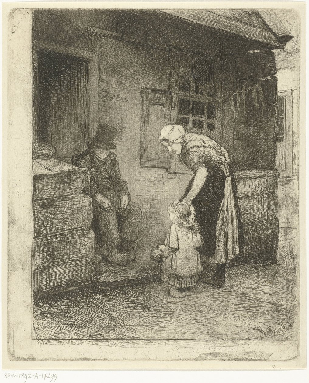 Kvinna med litet barn står med sittande gubbe framför arbetarens hus av Bernardus Johannes Blommers