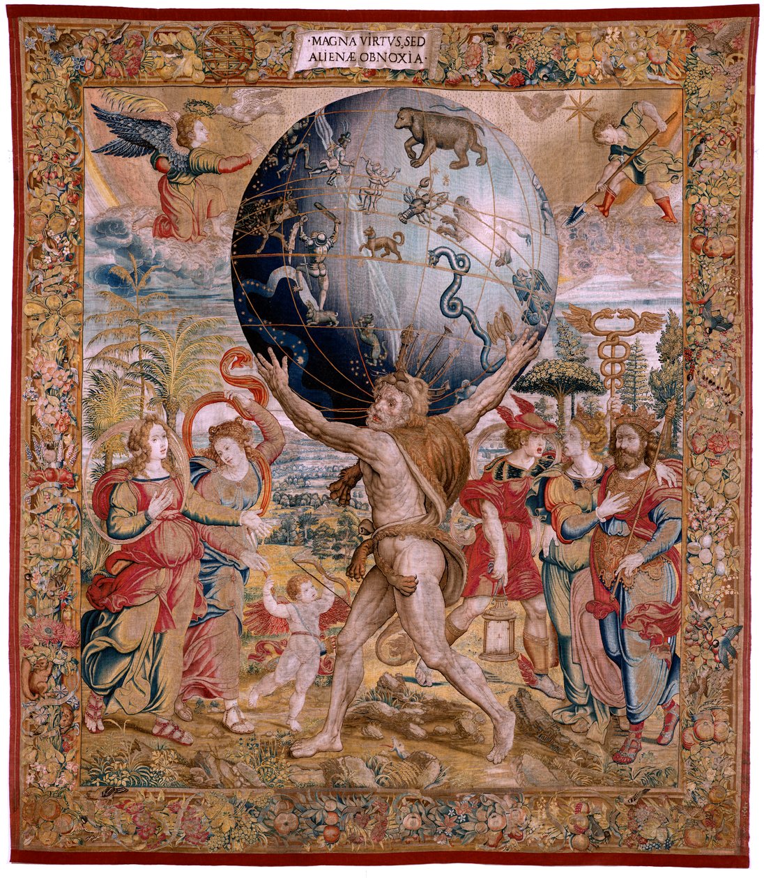 flamländsk gobeläng. Serien The Spheres. Hercules som stödjer himlaklotet (Hércules sostiene la esfera celeste). Första gobelängen i serien. Modell Barend van Orley eller Pieter Coecke van Aelst. 1525-1530. Tillverkning Joris Vezeleer (Georg Wezeler)?, B av Bernart van (attr. to) Orley