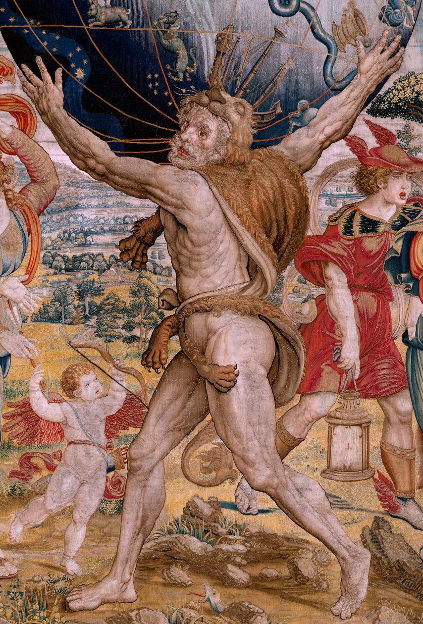flamländsk gobeläng. Serien The Spheres. Hercules som stödjer himlaklotet (Hércules sostiene la esfera celeste). Första gobeläng i serien. Modell Barend van Orley eller Pieter Coecke van Aelst. 1525-1530. Tillverkning Joris Vezeleer (Georg Wezeler)?, av Bernart van (attr. to) Orley