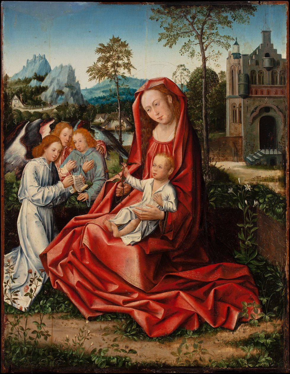 Jungfru och barn med änglar, ca 1530-1550 (olja på pannå) av Bernart van (follower of) Orley