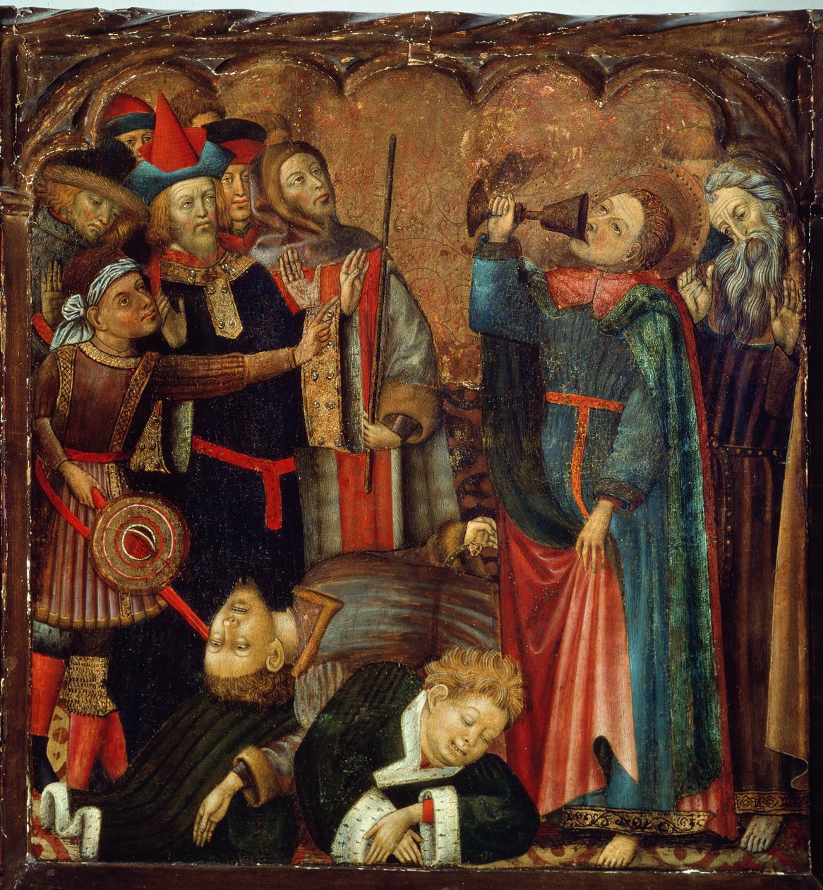 Evangelisten Johannes dricker ur den förgiftade kalken (tempera på panelen) av Bernat Martorelli