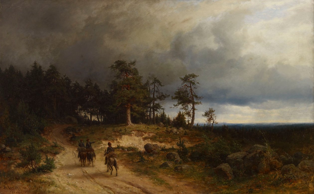 Landskap i östra Finland med beridna kosacker av Berndt Lindholm