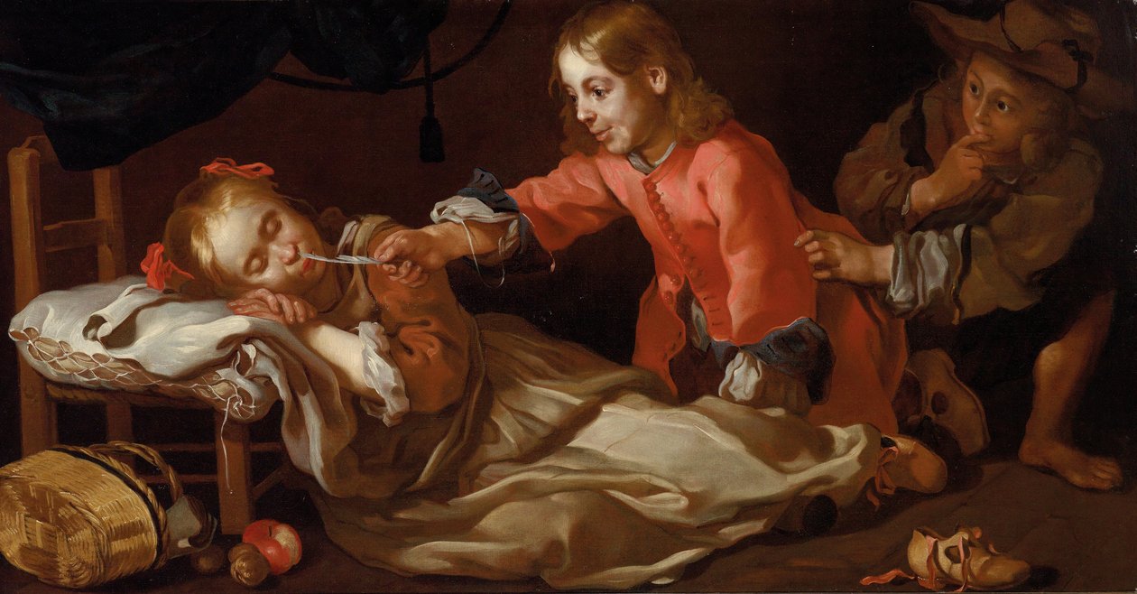Sleeping girl with two children playing (Allegory of sense of touch) av Bernhard Keil