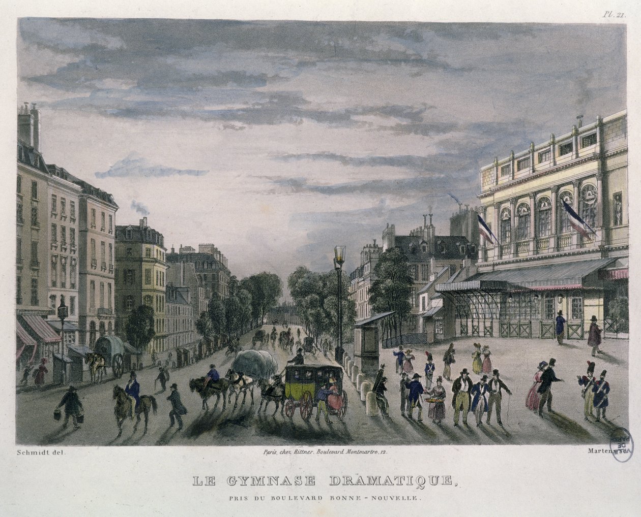 Teatern Gymnase Dramatique, Paris, 1832 (färggravyr) av Bernhard Schmidt