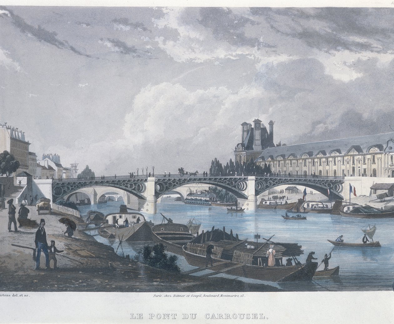 Pont du Carrousel, 1832 (färggravyr) av Bernhard Schmidt