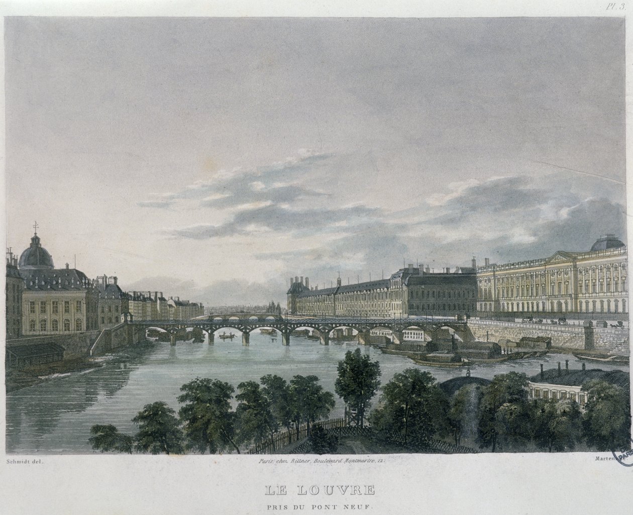 Pont eller Passerelle des Arts, Paris, 1832 (färgstick) av Bernhard Schmidt
