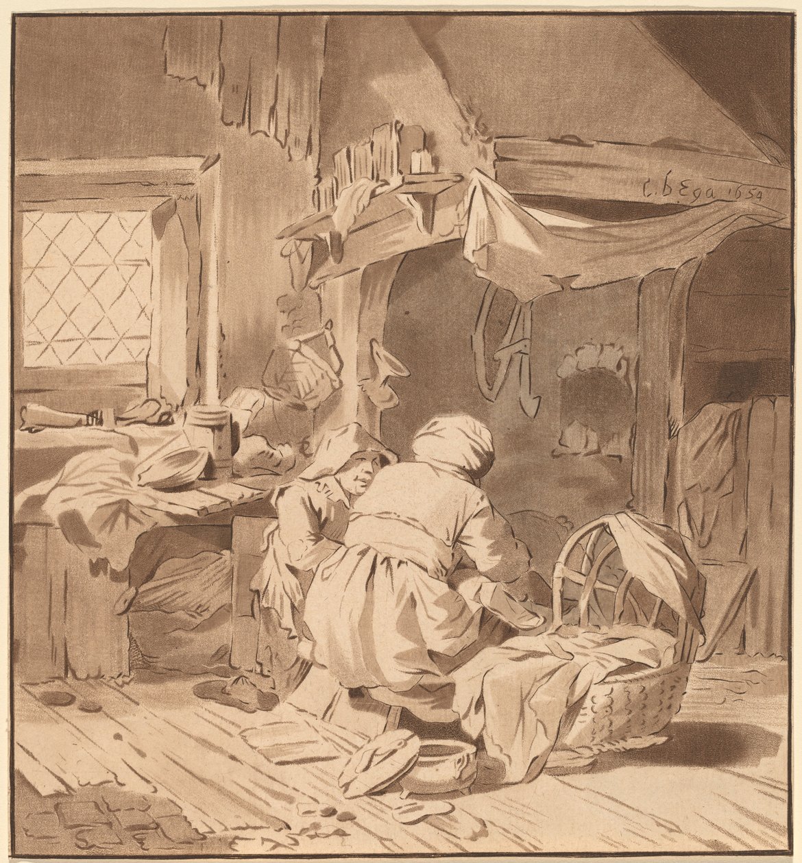 Interiör av ett bondehus med två kvinnor, 1772, publicerat 1787. av Bernhard Schreuder