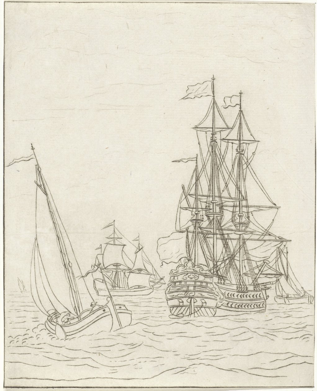 Ett krigsfartyg och tre segelfartyg på öppet hav av Bernhard Schreuder