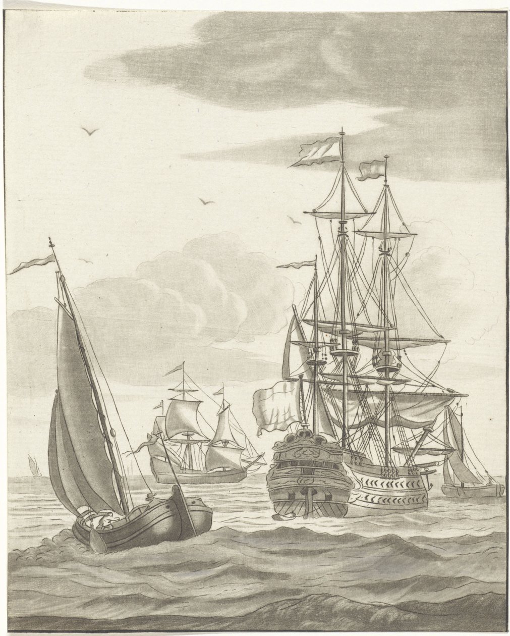 Ett krigsfartyg och tre segelfartyg på öppet hav av Bernhard Schreuder