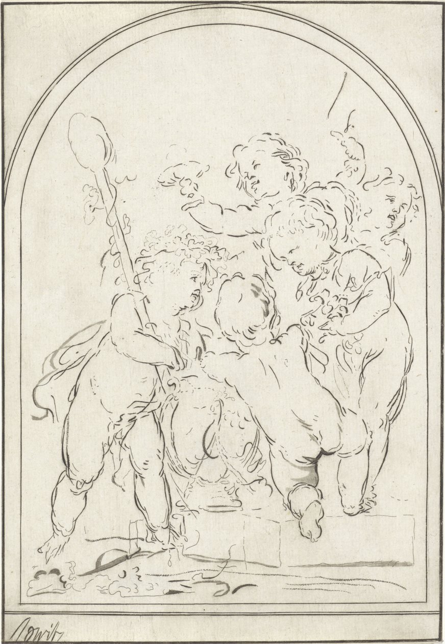 Fem putti vid en vas med vinrankor av Bernhard Schreuder