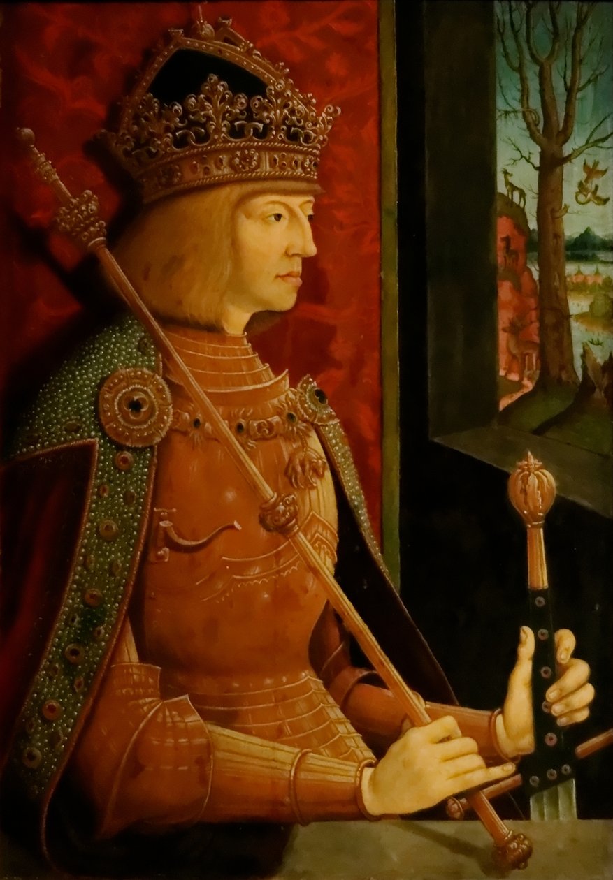 Kejsar Maximilian I 1459-1519, med krona, spira och svärd, ca. 1500 av Bernhard Strigel