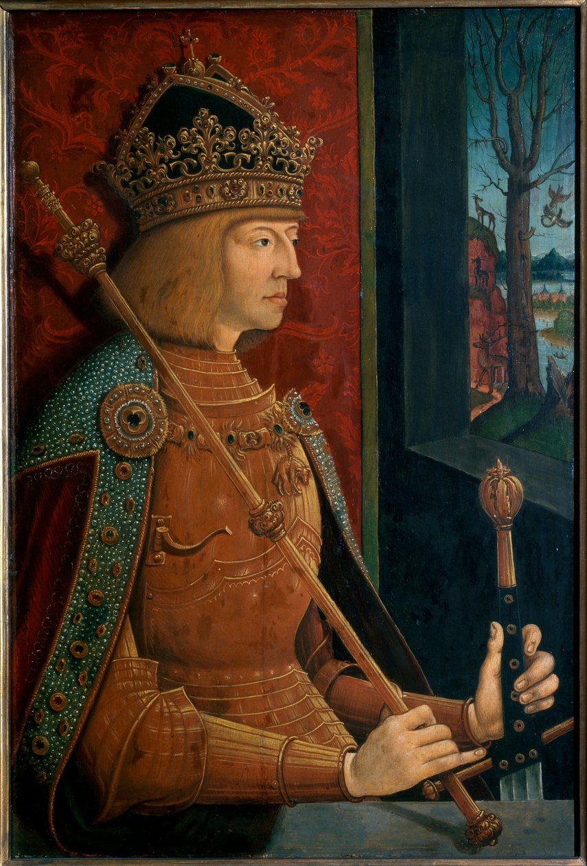 Kejsar Maximilian I, med krona, spira och svärd av Bernhard Strigel