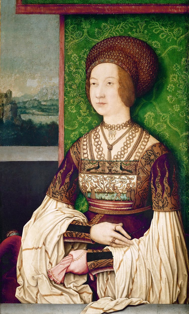 Familj av kejsar Maximilian I: porträtt av kejsarinnan Bianca Maria (Blanche-Marie) Sforza (1472-1510)"" - Porträtt av Bianca Maria Sforza (1472-1510), den andra frun till Maximilian I, den helige romerska kejsaren av Strigel, Bernhard (ca 1460-1528) (elle av Bernhard Strigel