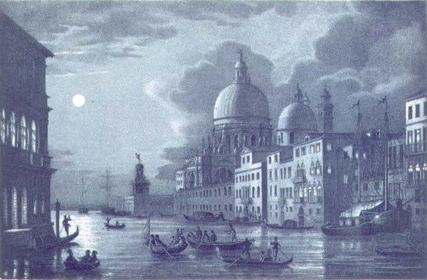 Nattlig scen av Canal Grande och Santa Maria della Salute, Venedig, graverad av Brizeghel (litho) av Berselli (after)