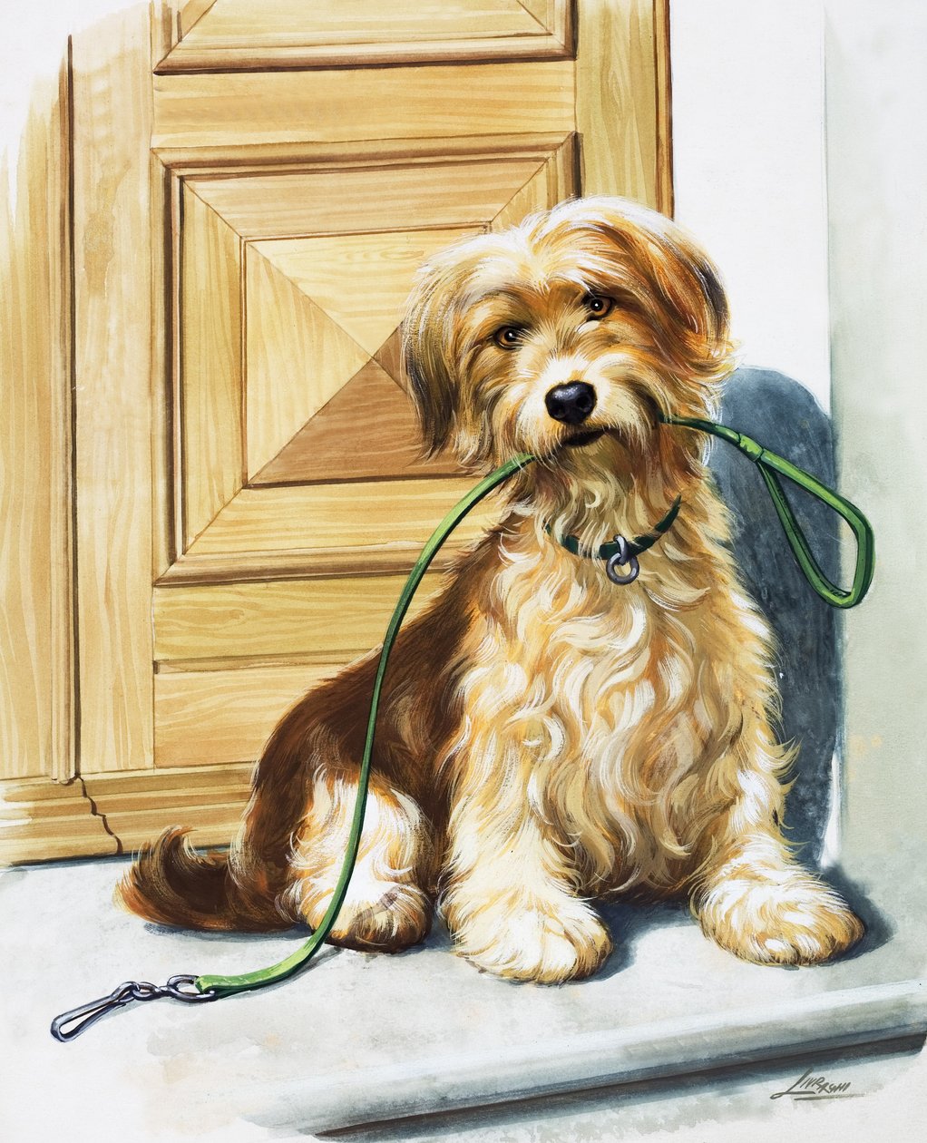 Hund med koppel i munnen (gouache på papper) av Bert Illoss