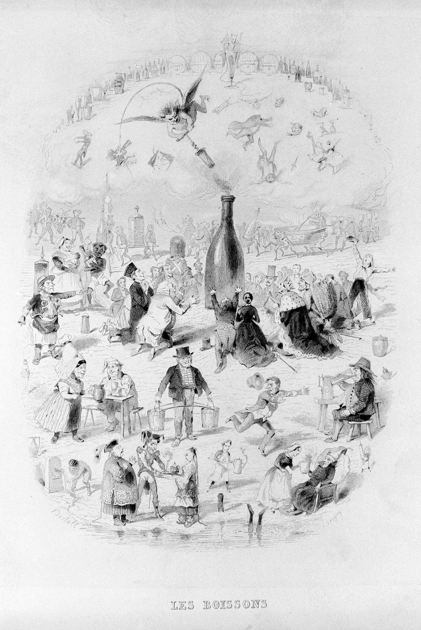 Drycker: en folkmassa i tillbedjan framför en flaska vin och de olika typerna av drycker i Brillat - Savarin illustrerad av Bertall. Paris 1840.Jean Anthelme Brillat Savarin (Brillat-Savarin) (1755-1826) fransk gastronom. av Bertall