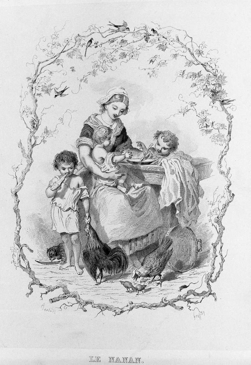 Nanan: en ung mamma ger mat till sina tre barn i "La Physiologie du Gout"" av Brillat - Savarin illustrerad av Bertal. Paris 1840. Jean Anthelme Brillat Savarin (Brillat-Savarin) (1755-1826) fransk gastronom. av Bertall