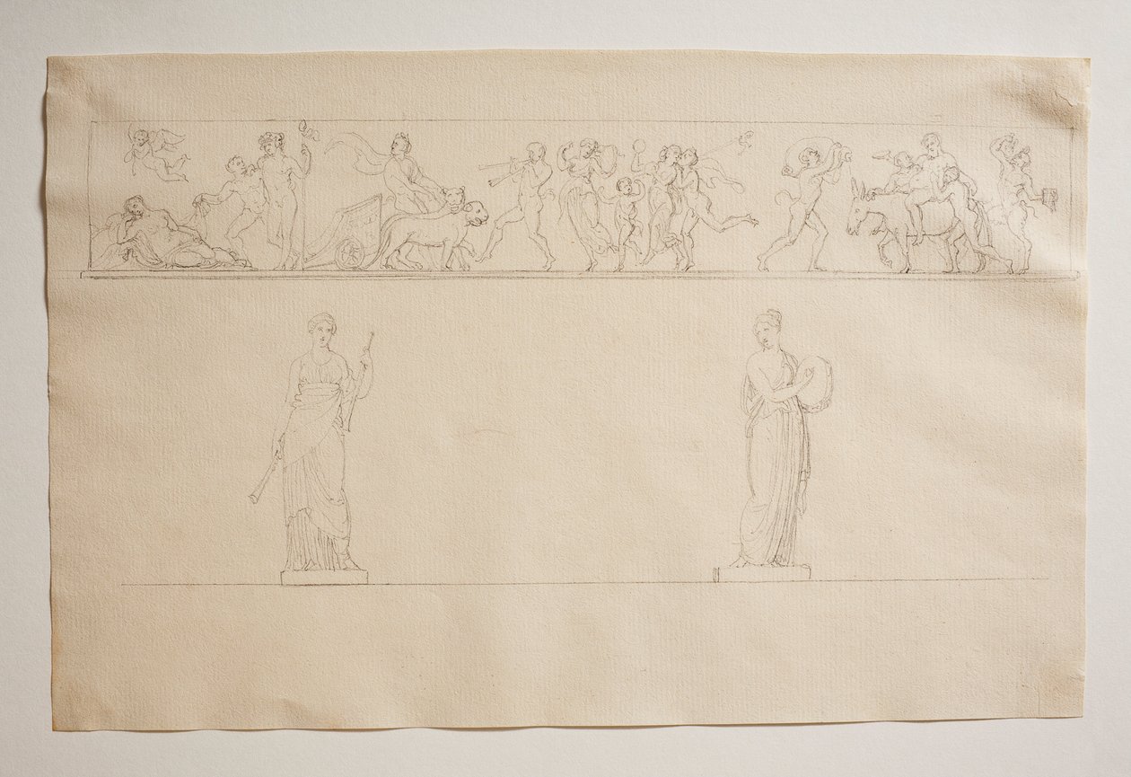 Bakchantalprocession med Bacchus och Ariadne. Två statyer av muser av Bertel Thorvaldsen