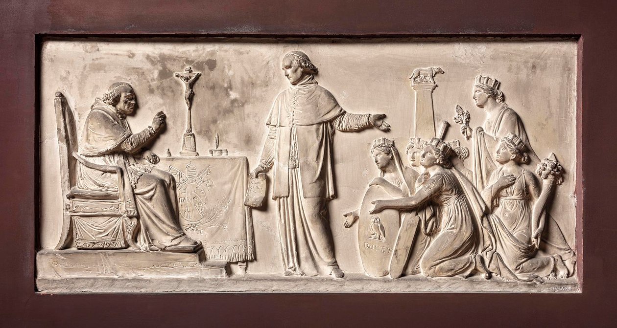 Kardinal Ercole Consalvi återlämnar Kyrkostaten till Pius VII av Bertel Thorvaldsen