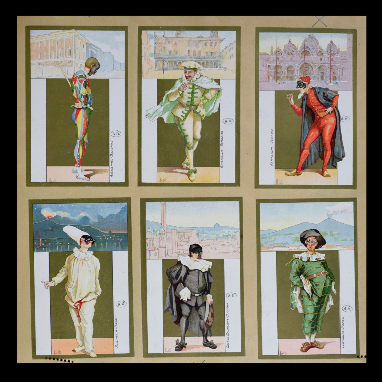 Uppsättning av sex vinjetter föreställande karaktärer från Commedia dellArte, ca 1900 av Bertelli
