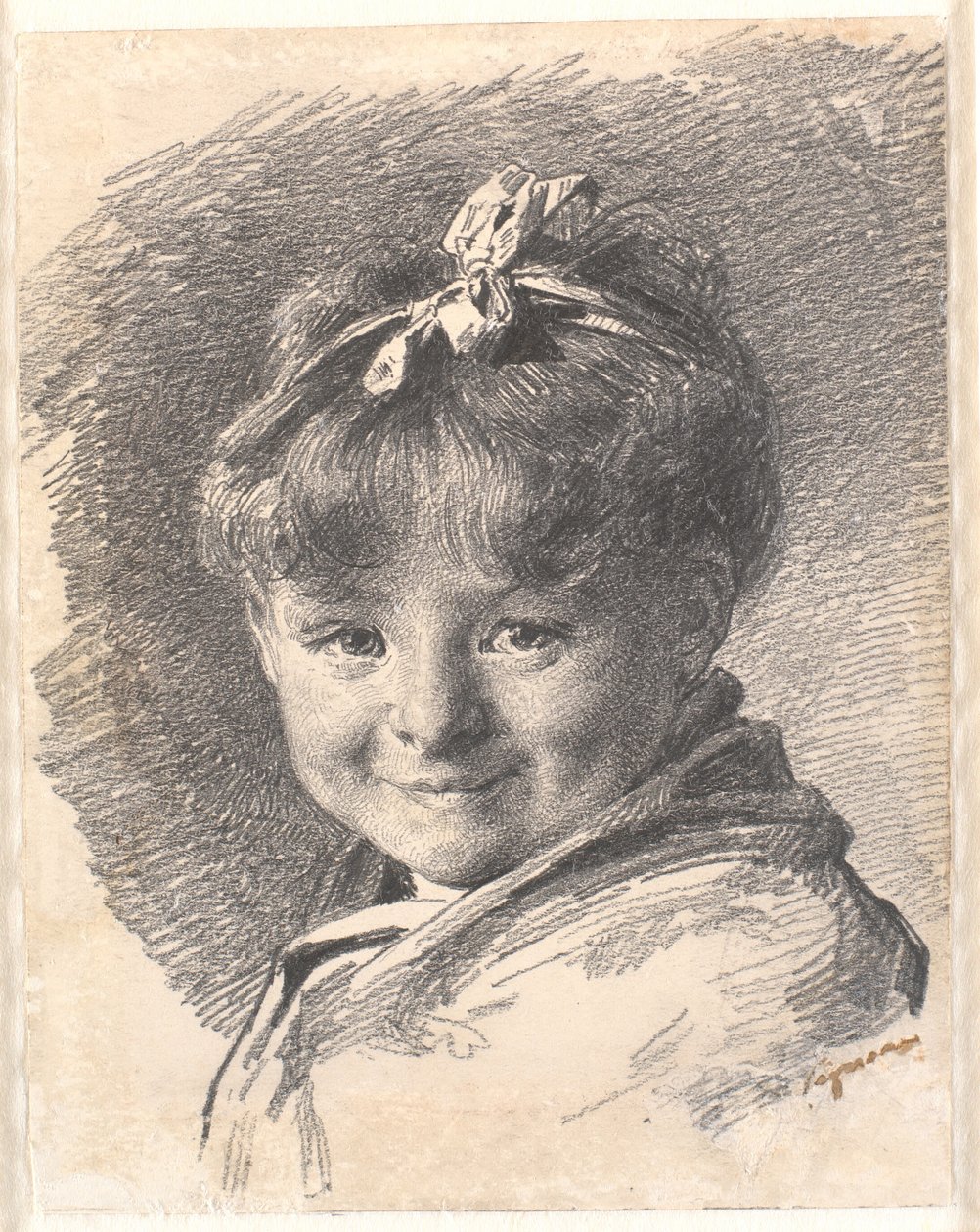 Porträtt av en liten flicka med kort hår och hårband av Bertha Wegmann