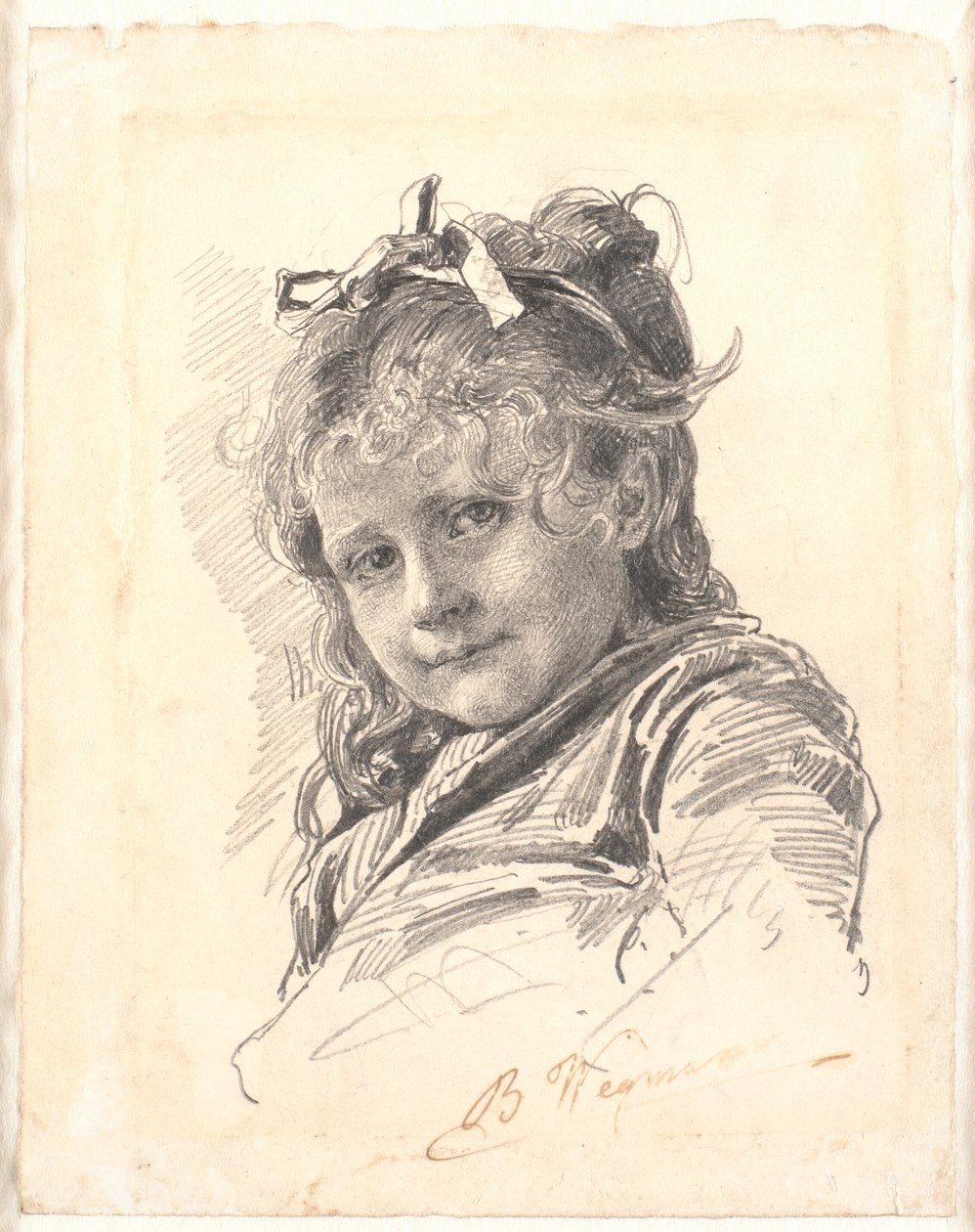 Porträtt av en liten flicka med långt hår och hårband av Bertha Wegmann