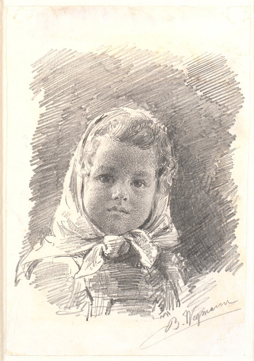 Porträtt av en liten flicka med en halsduk runt huvudet av Bertha Wegmann