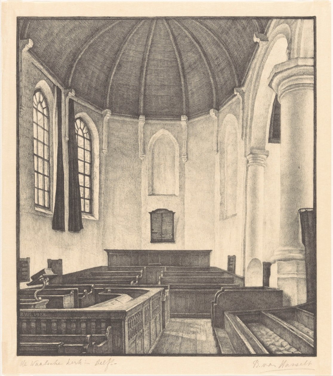 Waalsche-kyrkan i Delft (originaltitel på objektet) av Bertha van Hasselt (signed by artist)