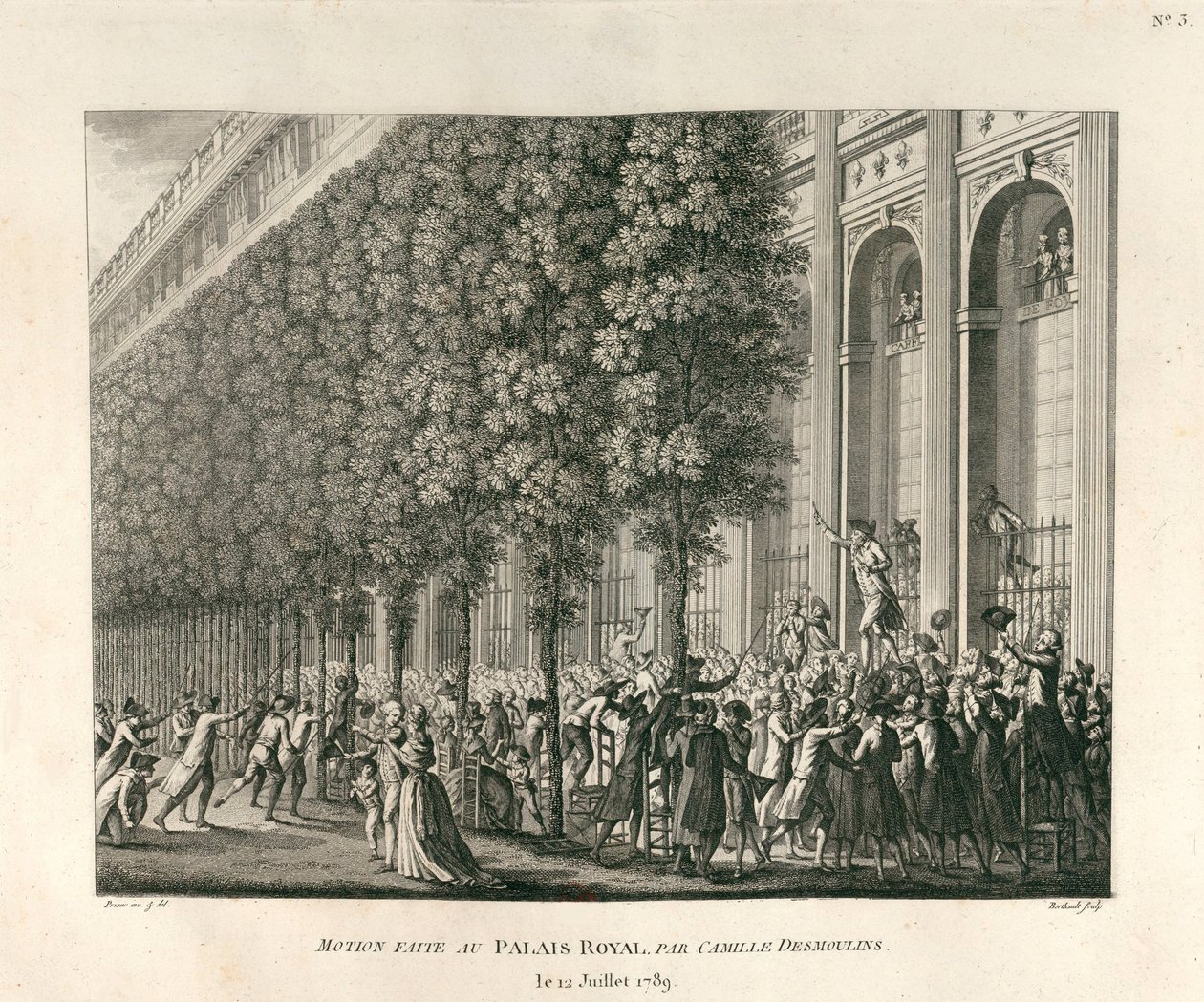 Motion inlämnad vid Palais Royal av Camille Desmoulins den 12 juli 1789 av Berthault