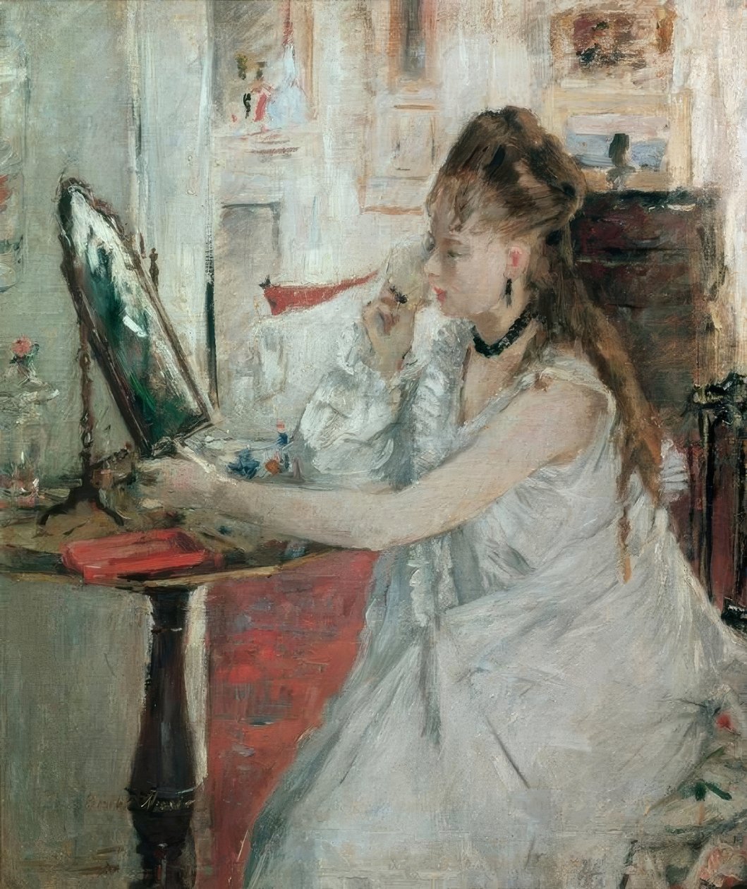 Ung kvinna som puder sig (Junge Frau, sich pudernd) av Berthe Morisot
