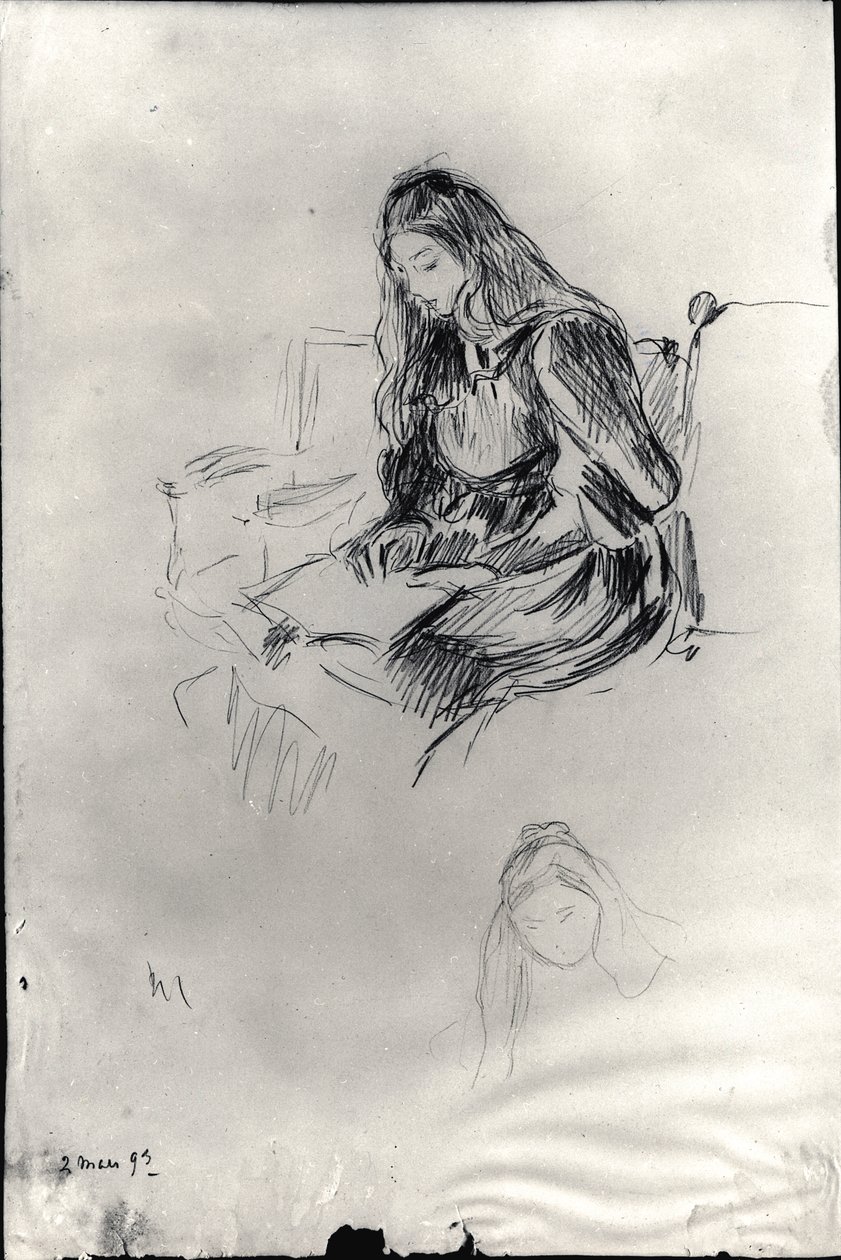 Julie Manet (1878-1966) läser, 2 mars 1893 (svart bly på papper) av Berthe Morisot