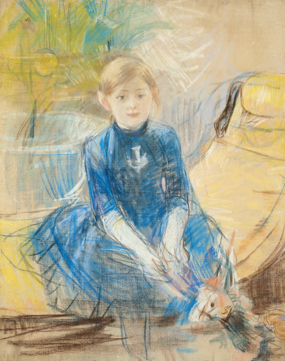 Liten flicka med blå tröja, 1886 (pastell på duk) av Berthe Morisot