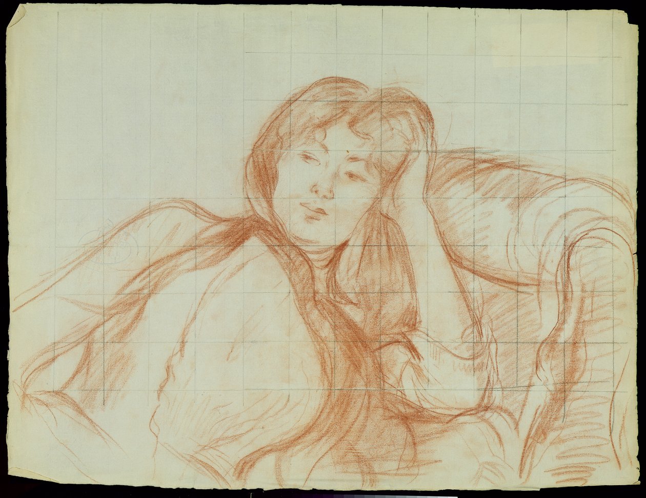 Ung flicka lutad på armbågen, 1887 (röd krita på papper) av Berthe Morisot