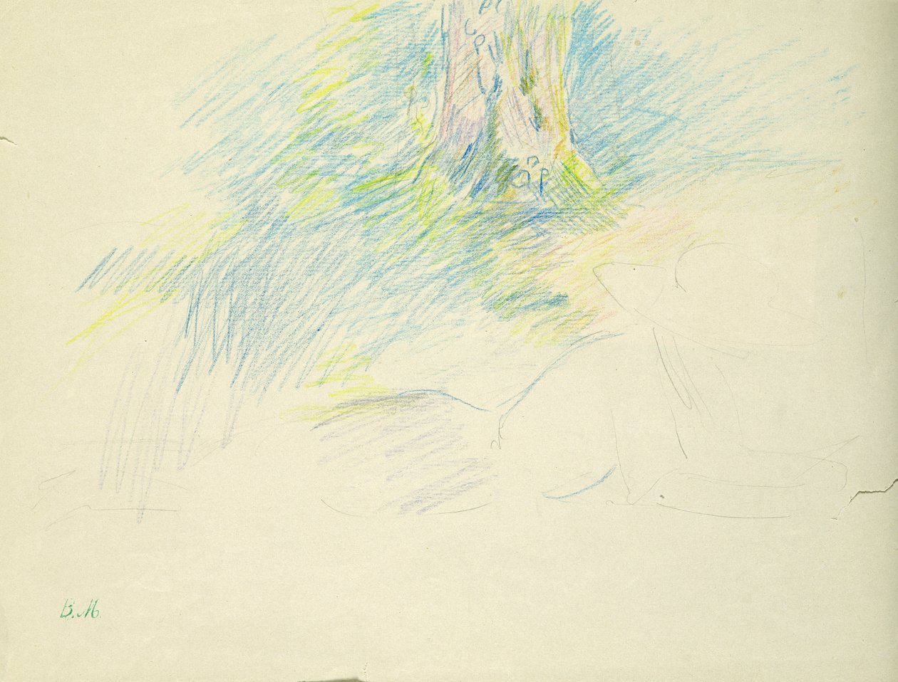 Ung flicka som ligger under ett träd, 1891 (färgpenna på papper) av Berthe Morisot